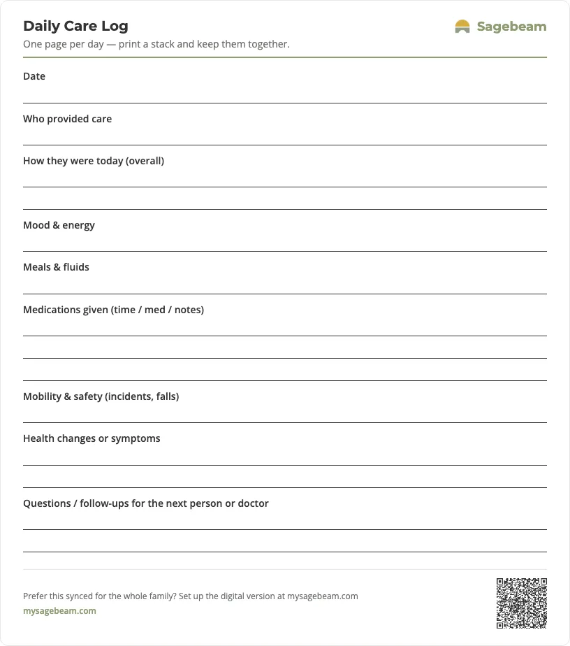 Daily Care Log — free printable template preview