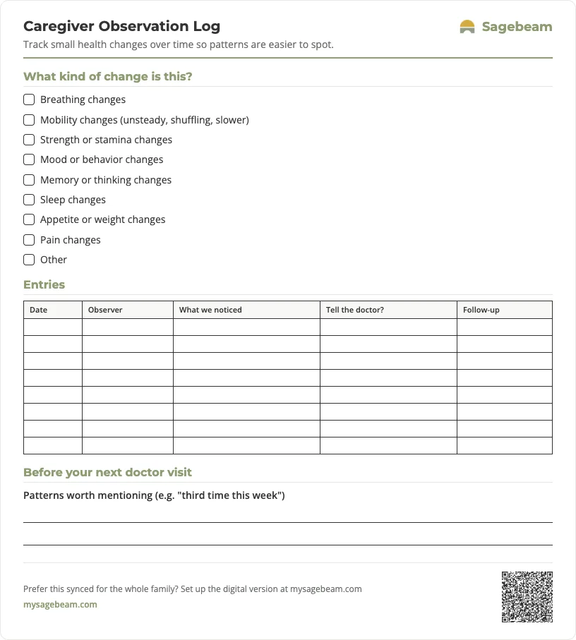 Caregiver Observation Log — free printable template preview