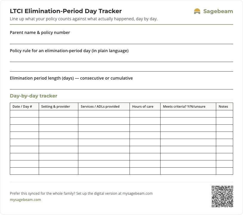 LTCI Elimination-Period Day Tracker — free printable template preview