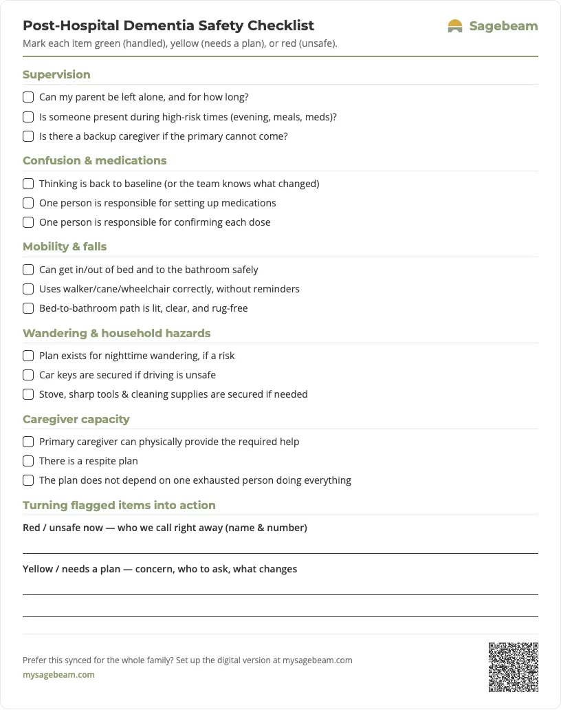 Post-Hospital Dementia Safety Checklist — free printable template preview