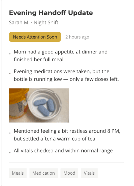 Example handoff note showing caregiver update with urgency indicator and task suggestions