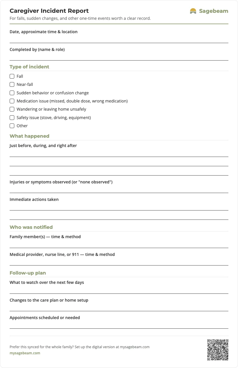 Caregiver Incident Report — free printable template preview