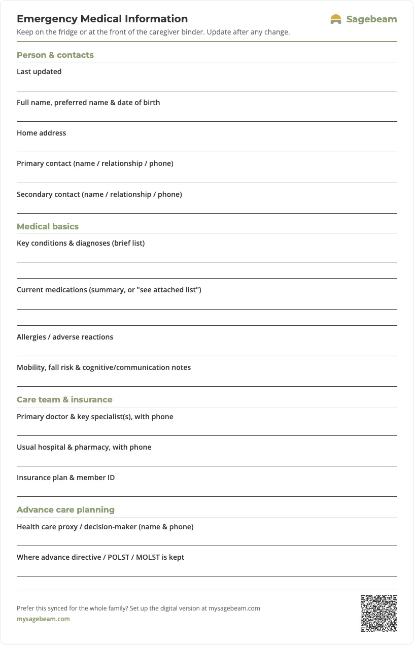 Emergency Medical Information — free printable template preview