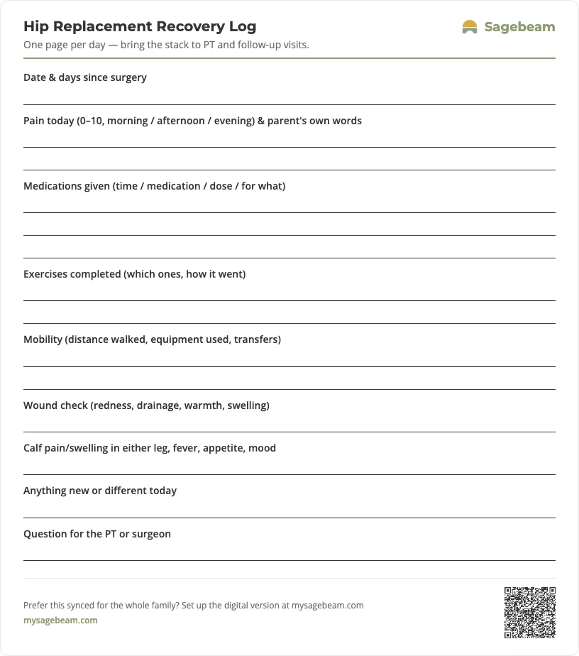 Hip Replacement Recovery Log — free printable template preview