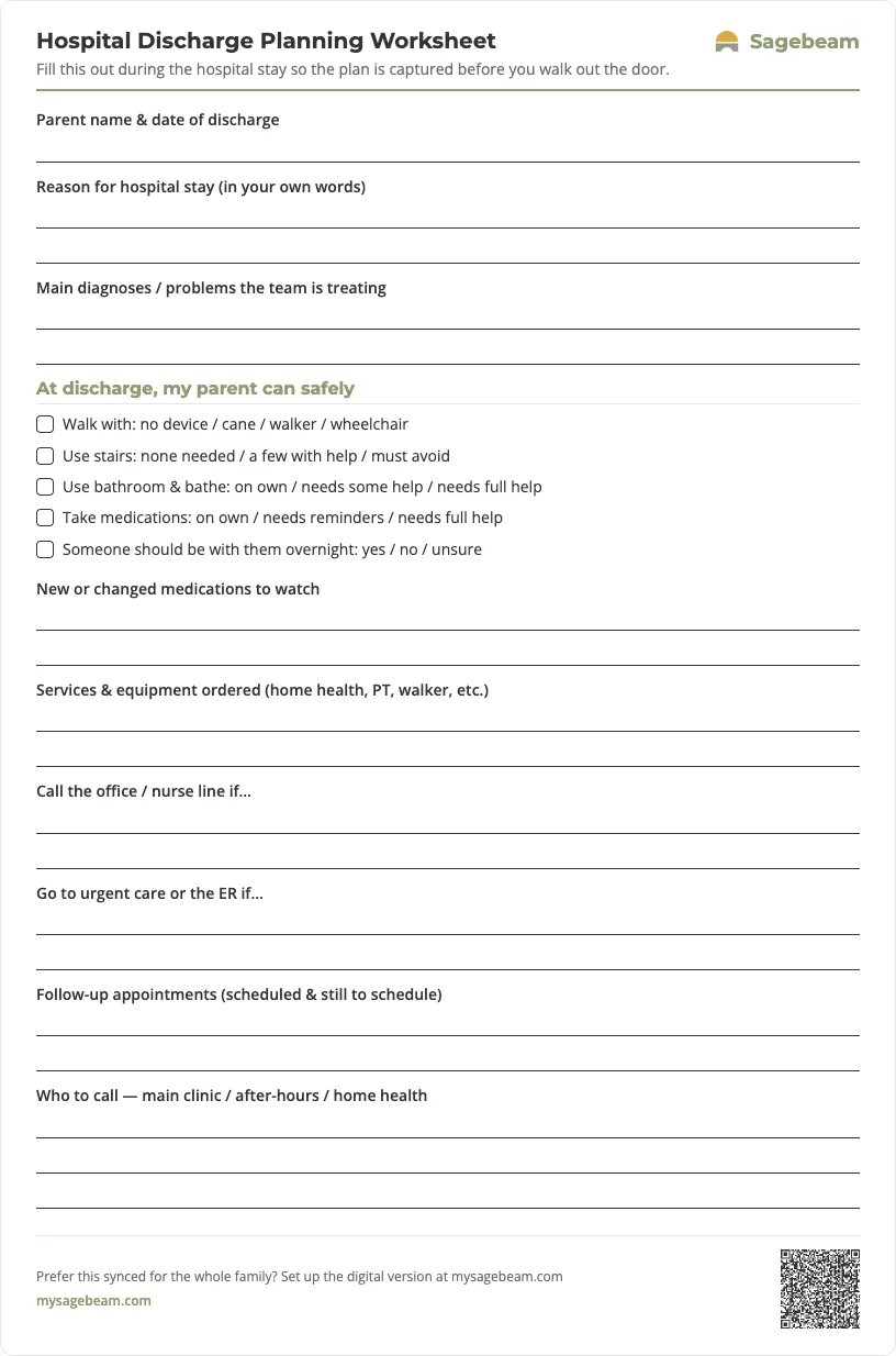 Hospital Discharge Planning Worksheet — free printable template preview
