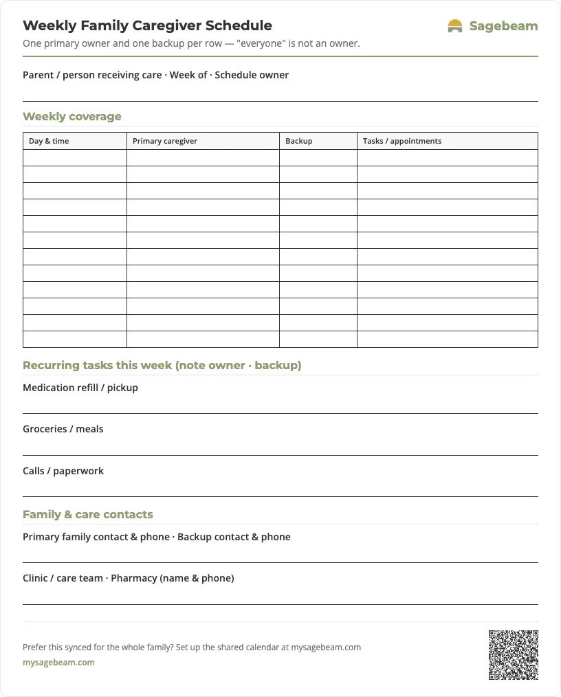 Weekly Family Caregiver Schedule — free printable template preview