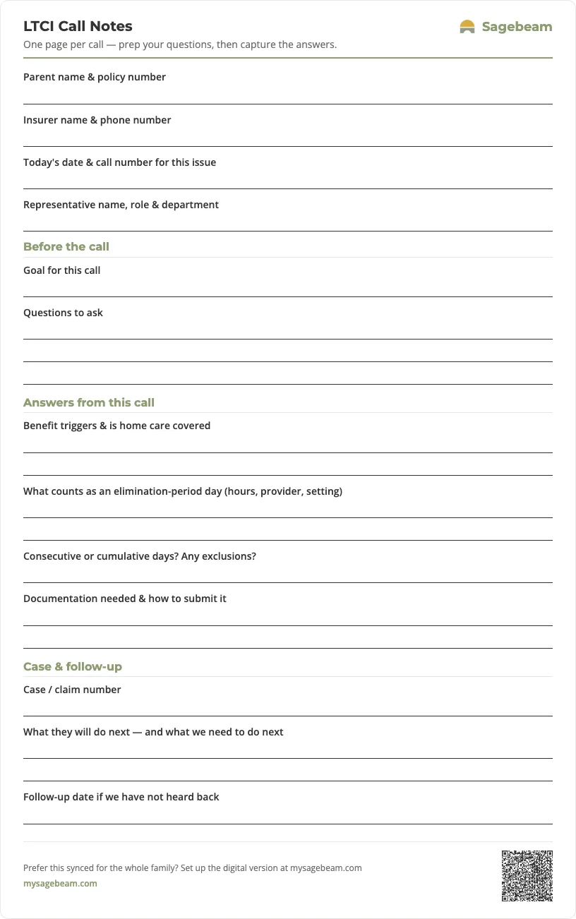 LTCI Call Notes — free printable template preview