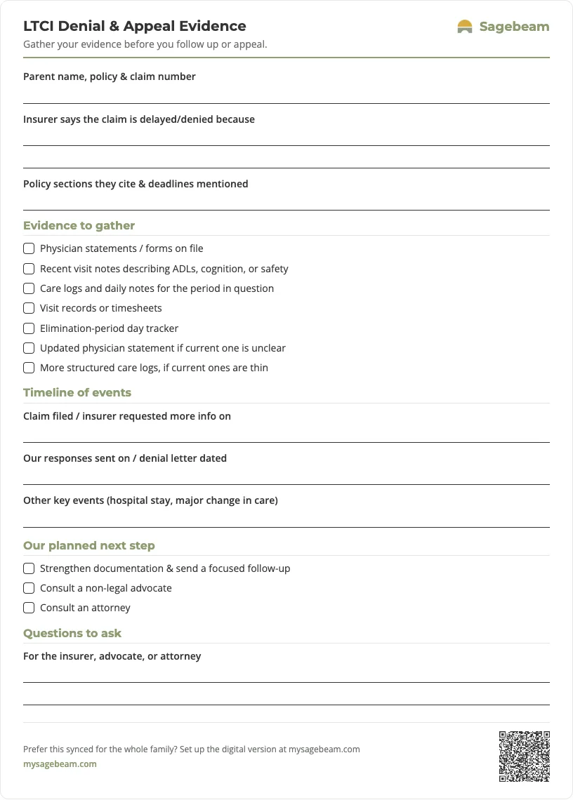 LTCI Denial & Appeal Evidence — free printable template preview