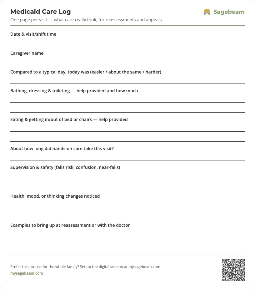 Medicaid Care Log — free printable template preview