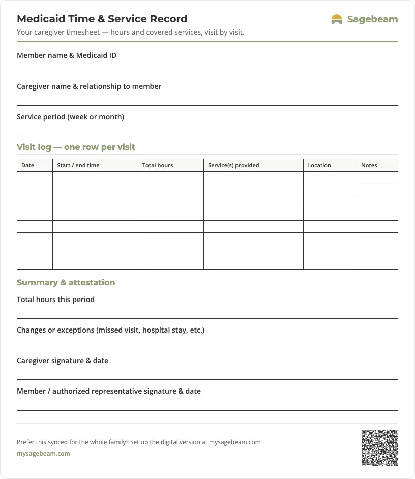 Medicaid Time & Service Record — free printable template preview